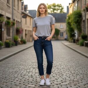 Chip and Pepper Womens Dark Wash Embroidered Straight Leg Cropped Jeans Mid Rise